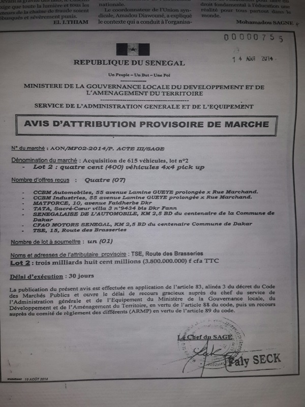 La TSE de Cheikh Amar gagne la confiance de l' ARMP sur un marché de 400 véhicules de 3 milliards huit cent millions FCFA La TSE de Cheikh Amar gagne la confiance de l' ARMP sur un marché de 400 véhicules de 3 milliards huit cent millions FCFA