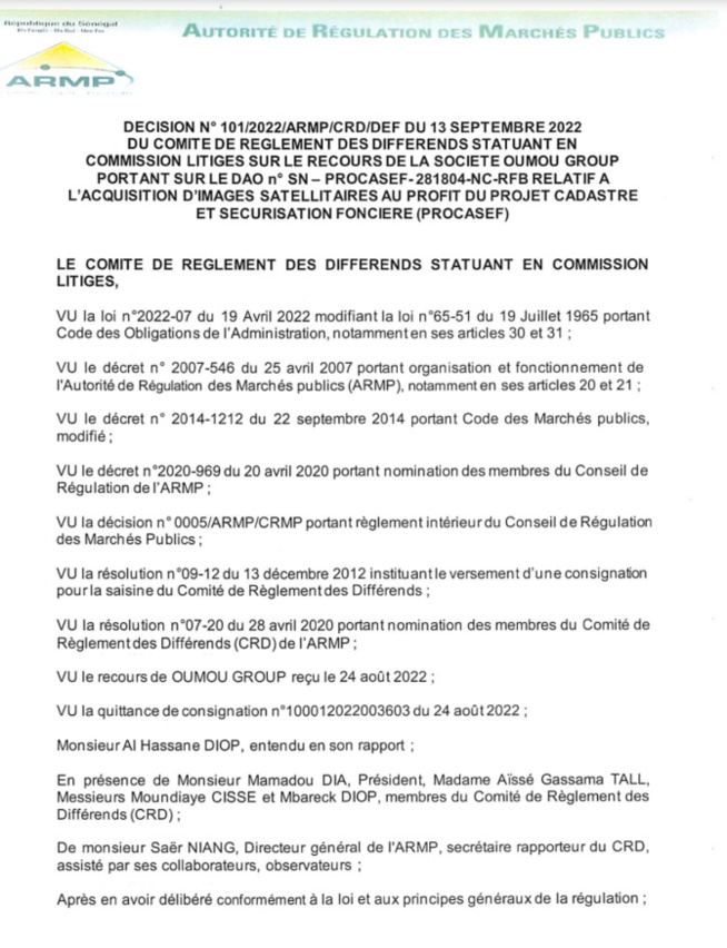 PROCASEF/ Marché pour l'acquisition d'images satellitaires: L'ARMP rejette le recours de Oumou Group (Document) PROCASEF/ Marché pour l'acquisition d'images satellitaires: L'ARMP rejette le recours de Oumou Group (Document)