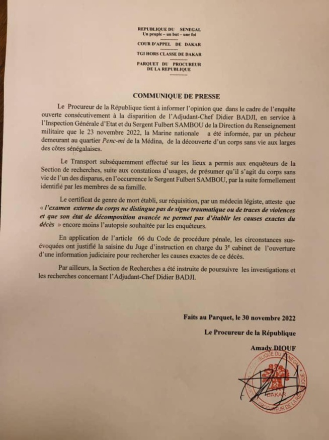 Mort du sergent Fulbert Sambou: Les précisions du Procureur de la République (Document) Mort du sergent Fulbert Sambou: Les précisions du Procureur de la République (Document)