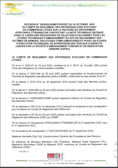 ARMP / Le Groupement Africonsult/Transecor conteste le rejet de son offre dans les marchés de prestations intellectuelles lancée par la société Safru Sa. (Document) ARMP / Le Groupement Africonsult/Transecor conteste le rejet de son offre dans les marchés de prestations intellectuelles lancée par la société Safru Sa. (Document)