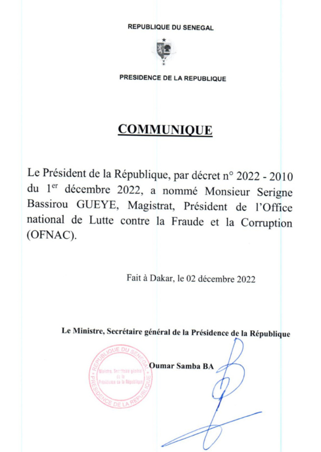 Serigne Bassirou Gueye nommé à la tête de l’OFNAC Serigne Bassirou Gueye nommé à la tête de l’OFNAC