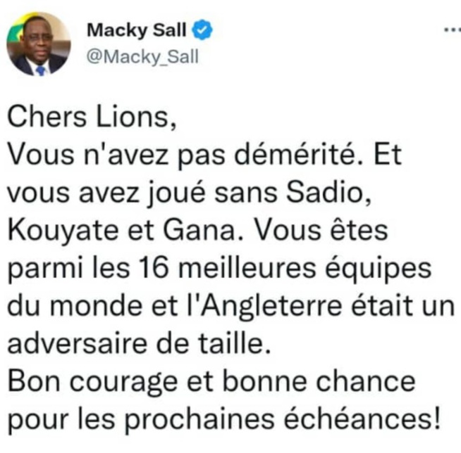 Qatar 2022 : Laminés par l'Angleterre, les "Lions" encouragés par le Président Macky Sall Qatar 2022 : Laminés par l'Angleterre, les "Lions" encouragés par le Président Macky Sall