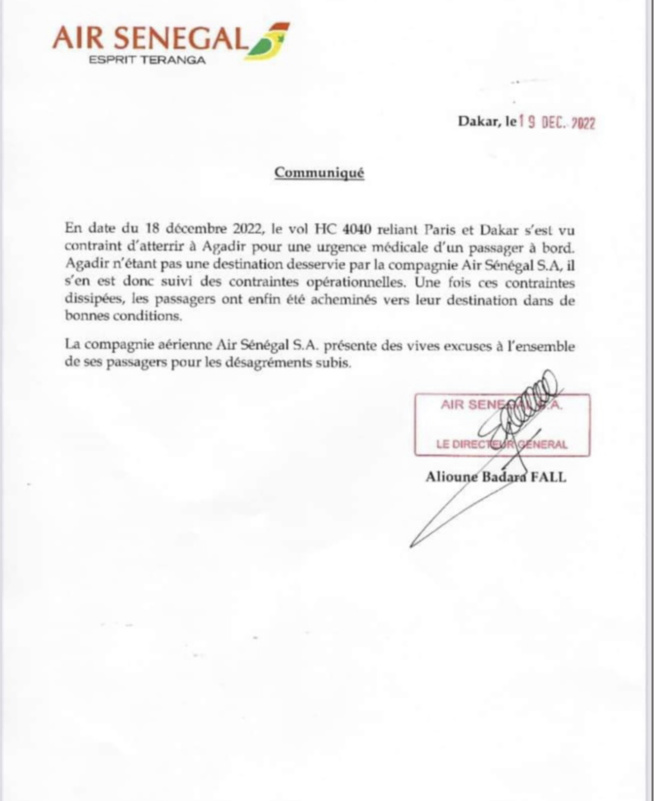 Desserte à Agadir / Le vol HC4040 indexé: Air Sénégal apporte des précisions Desserte à Agadir / Le vol HC4040 indexé: Air Sénégal apporte des précisions