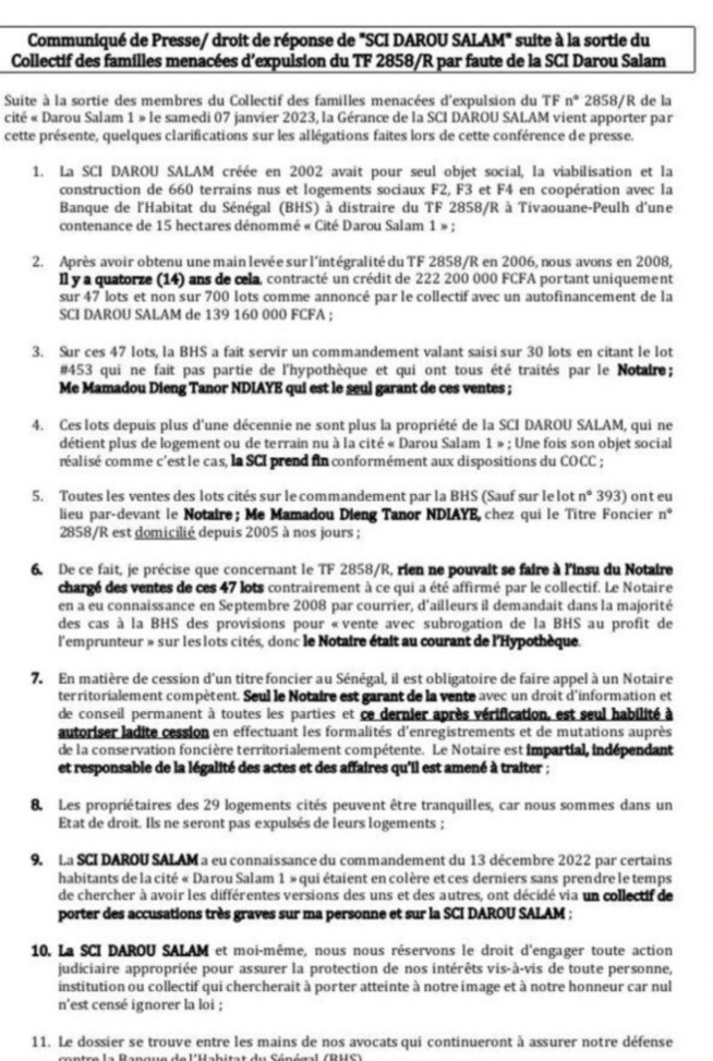Familles menacées de délogement à Tivaoune Peulh/ SCI Darou Salam: "Les propriétaires des 29 logements cités peuvent être tranquilles. Ils ne seront pas expulsés de leurs maisons." Familles menacées de délogement à Tivaoune Peulh/ SCI Darou Salam: "Les propriétaires des 29 logements cités peuvent être tranquilles. Ils ne seront pas expulsés de leurs maisons."