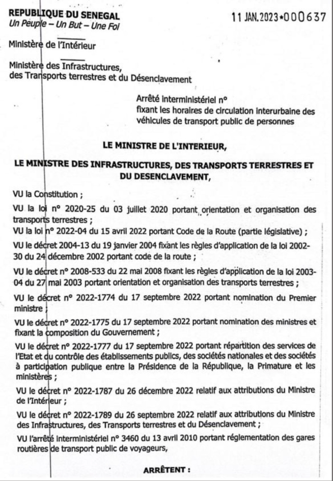 Sécurité routière : L’arrêté fixant les horaires de circulation interurbaine des véhicules de transport public des personnes Sécurité routière : L’arrêté fixant les horaires de circulation interurbaine des véhicules de transport public des personnes