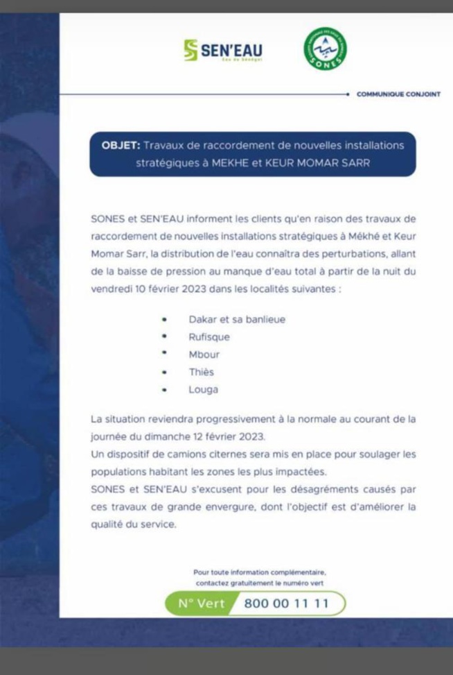 Approvisionnement en eau : Dakar et sa banlieue, Rufisque, Mbour, Thiès et Louga vers des perturbations Approvisionnement en eau : Dakar et sa banlieue, Rufisque, Mbour, Thiès et Louga vers des perturbations