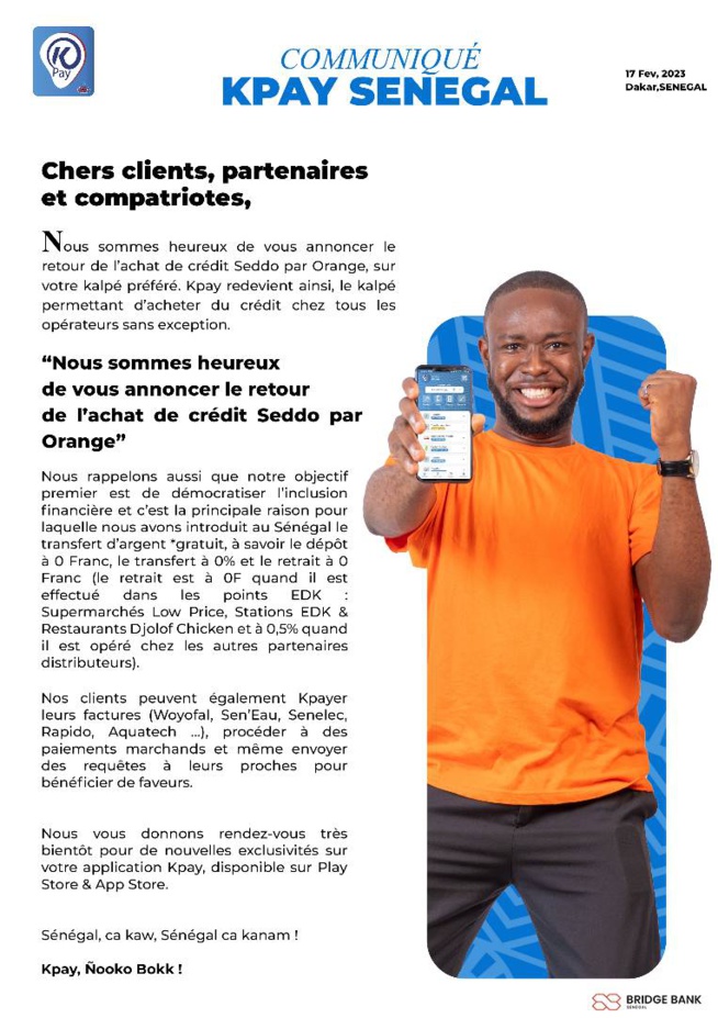 URGENT: Bonne nouvelle pour les clients de KPAY Téléphonie : L'achat de crédit Orange est de retour sur Kpay URGENT: Bonne nouvelle pour les clients de KPAY Téléphonie : L'achat de crédit Orange est de retour sur Kpay