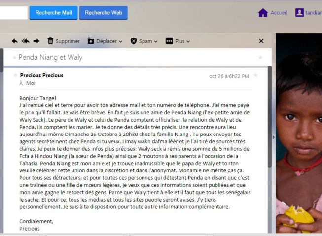 Prévision de mariage : Penda Niang dément et précise « Waly Seck reste Waly Seck pour notre famille! » Voici le mail qui a vendu la méche à la presse.