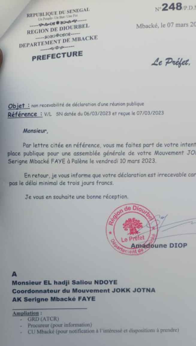Mbacké: Le préfet Amadoune Diop interdit un meeting d'investiture de Macky Sall Mbacké: Le préfet Amadoune Diop interdit un meeting d'investiture de Macky Sall