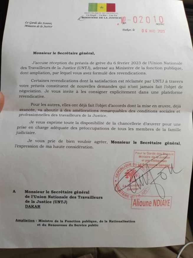 Justice: Réponse du Secrétaire général du Ministère de la Justice au nom du Garde des Sceaux à l’UNTJ Justice: Réponse du Secrétaire général du Ministère de la Justice au nom du Garde des Sceaux à l’UNTJ