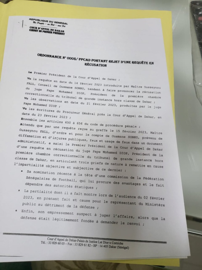 Récusation du juge par Sonko: La Cour d’appel s’oppose catégoriquement à la requête de la défense du leader de Pastef Récusation du juge par Sonko: La Cour d’appel s’oppose catégoriquement à la requête de la défense du leader de Pastef