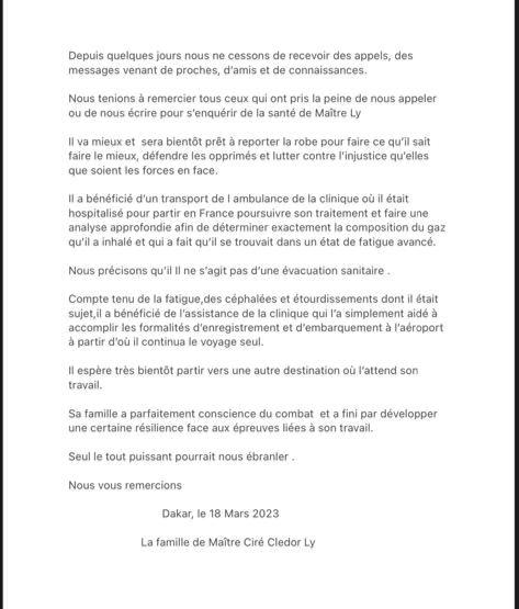 La famille de Me Cledor Ciré Ly confirme qu'il ne s'agit pas d'une évacuation sanitaire ( Document ) La famille de Me Cledor Ciré Ly confirme qu'il ne s'agit pas d'une évacuation sanitaire ( Document )