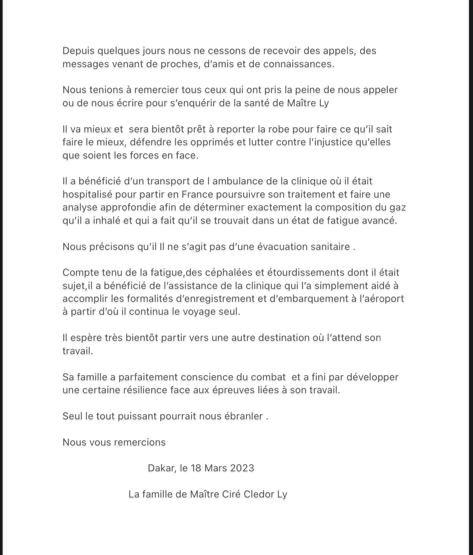 La famille de Me Cledor Ciré Ly confirme qu'il ne s'agit pas d'une évacuation sanitaire ( Document )