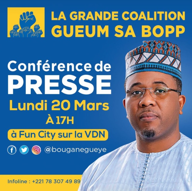 Bougane Guéye Pdt GUEUM SA BOOP face à la presse ce lundi 20 Mars à 17h à Fun city Bougane Guéye Pdt GUEUM SA BOOP face à la presse ce lundi 20 Mars à 17h à Fun city