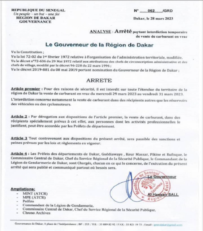 Interdiction de la vente de carburant au détail : Gouverneur de Dakar reconduit la mesure du 29 au 31 mars Interdiction de la vente de carburant au détail : Gouverneur de Dakar reconduit la mesure du 29 au 31 mars