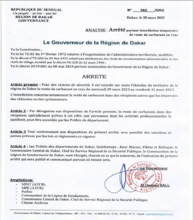 Interdiction de la vente de carburant au détail : Gouverneur de Dakar reconduit la mesure du 29 au 31 mars