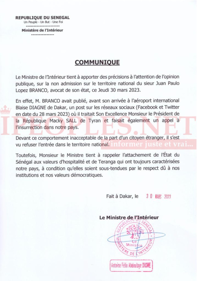 Expulsion de Juan Branco: Les précisions du ministre de l’intérieur (Document) Expulsion de Juan Branco: Les précisions du ministre de l’intérieur (Document)