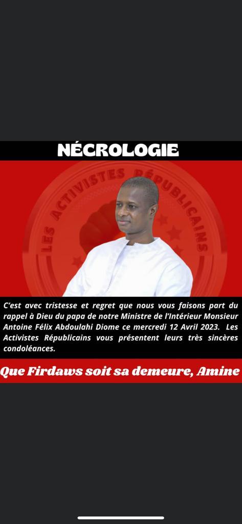 NECROLOGIE: Le Ministre de l'intérieur Antoine Felix Diome en deuil. NECROLOGIE: Le Ministre de l'intérieur Antoine Felix Diome en deuil.
