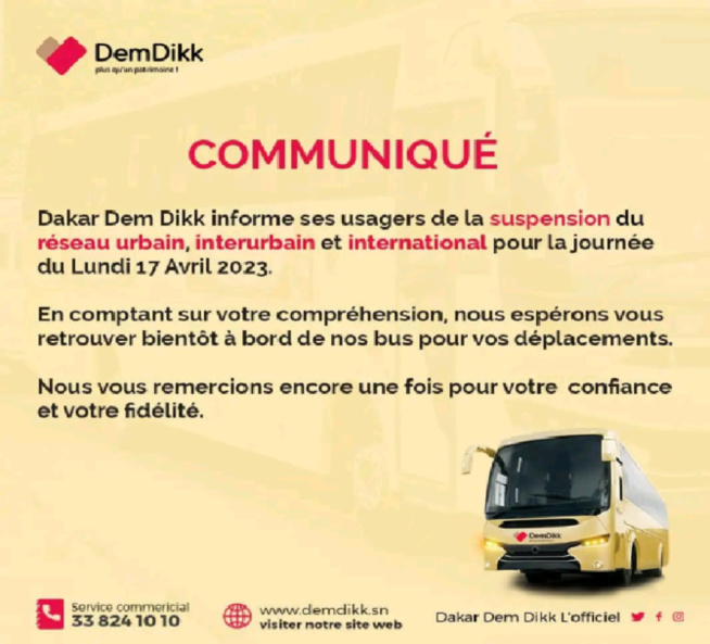 Procès en appel Ousmane Sonko/ Mame Mbaye Niang: Dakar Dem Dikk suspend ses lignes Procès en appel Ousmane Sonko/ Mame Mbaye Niang: Dakar Dem Dikk suspend ses lignes