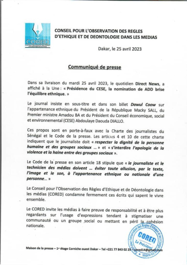 "La nomination de ADD brise l’équilibre ethnique": le CORED condamne Direct News et invite les médias à faire preuve de responsabilité "La nomination de ADD brise l’équilibre ethnique": le CORED condamne Direct News et invite les médias à faire preuve de responsabilité