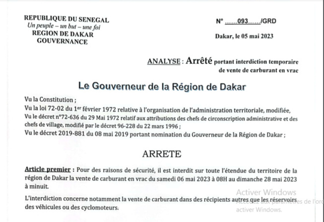 Arrêté du gouverneur de Dakar, portant interdiction temporaire de vente de carburant en vrac Arrêté du gouverneur de Dakar, portant interdiction temporaire de vente de carburant en vrac