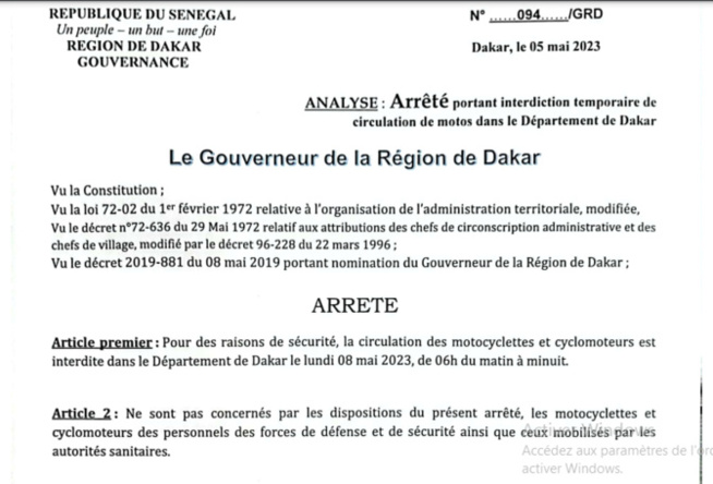 Département de Dakar: Arrêté du gouverneur de Dakar, portant interdiction temporaire de circulation des motos Département de Dakar: Arrêté du gouverneur de Dakar, portant interdiction temporaire de circulation des motos