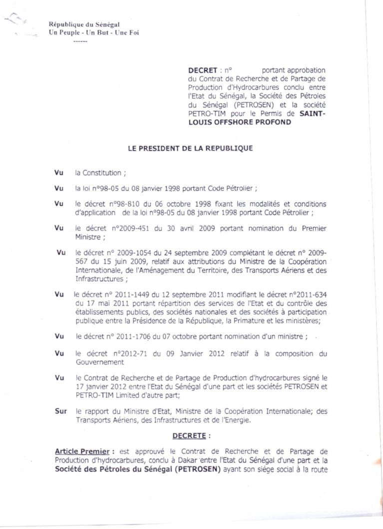 Exclusif! Voici le contrat de recherche et de partage d'hydrocarbures conclu entre l'Etat du Sénégal et Petro-Tim Exclusif! Voici le contrat de recherche et de partage d'hydrocarbures conclu entre l'Etat du Sénégal et Petro-Tim
