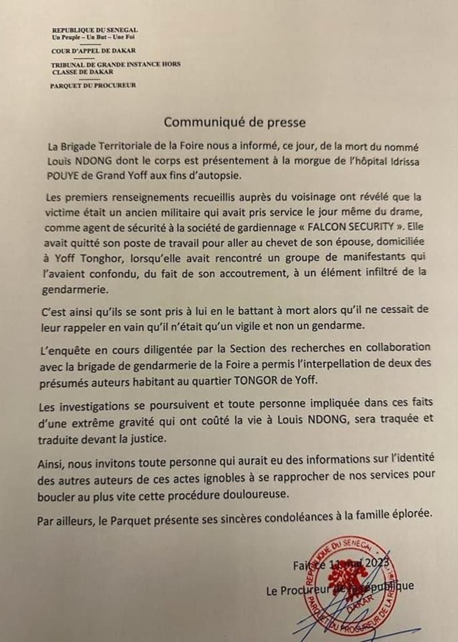 Urgent – Affrontement à Yoff : Un mort annoncé par le Procureur (Communiqué) Urgent – Affrontement à Yoff : Un mort annoncé par le Procureur (Communiqué)