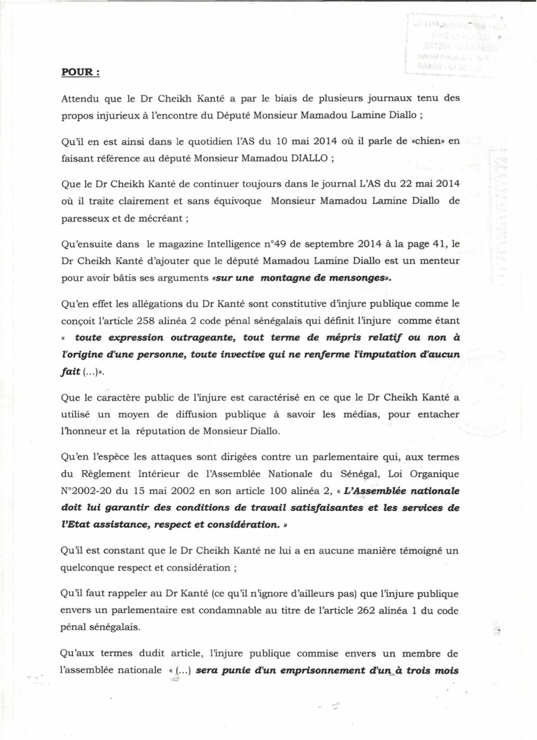 Injure publique : Le député Mamadou Lamine Diallo traîne Dr Cheikh Kanté devant le juge (document) Injure publique : Le député Mamadou Lamine Diallo traîne Dr Cheikh Kanté devant le juge (document)