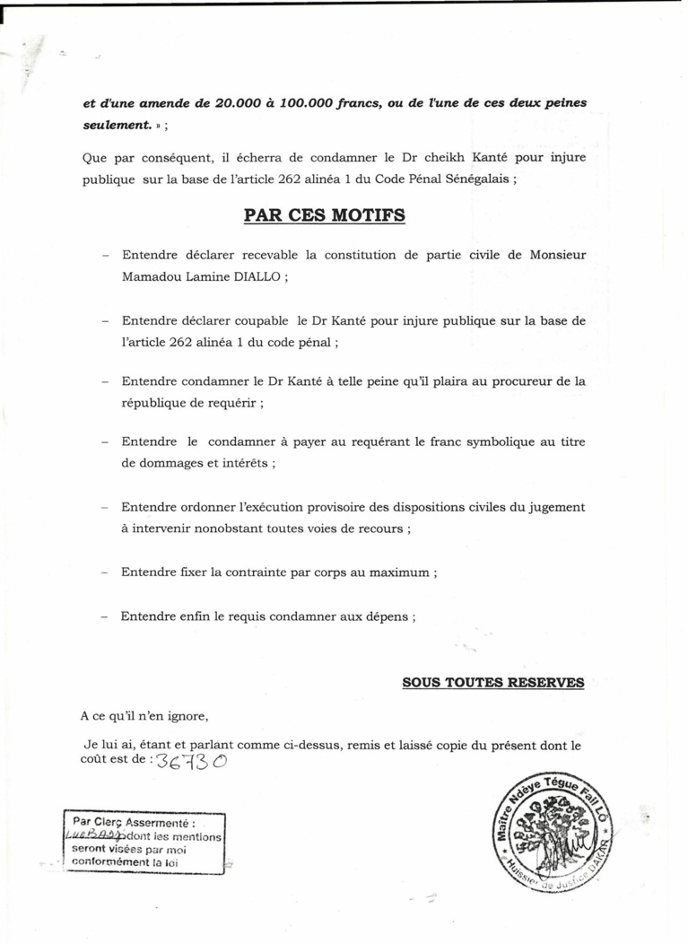 Injure publique : Le député Mamadou Lamine Diallo traîne Dr Cheikh Kanté devant le juge (document) Injure publique : Le député Mamadou Lamine Diallo traîne Dr Cheikh Kanté devant le juge (document)
