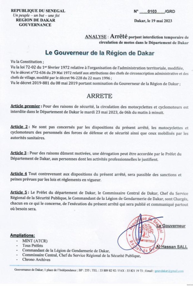 Procès Ousmane Sonko-Adji Sarr : Arrêté portant interdiction temporaire de circulation des motos dans le département de Dakar Procès Ousmane Sonko-Adji Sarr : Arrêté portant interdiction temporaire de circulation des motos dans le département de Dakar