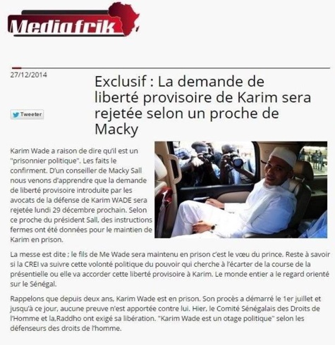 Rejet de la demande de liberté provisoire de Karim Wade : Un proche de Macky Sall avait déjà vendu la mèche Rejet de la demande de liberté provisoire de Karim Wade : Un proche de Macky Sall avait déjà vendu la mèche