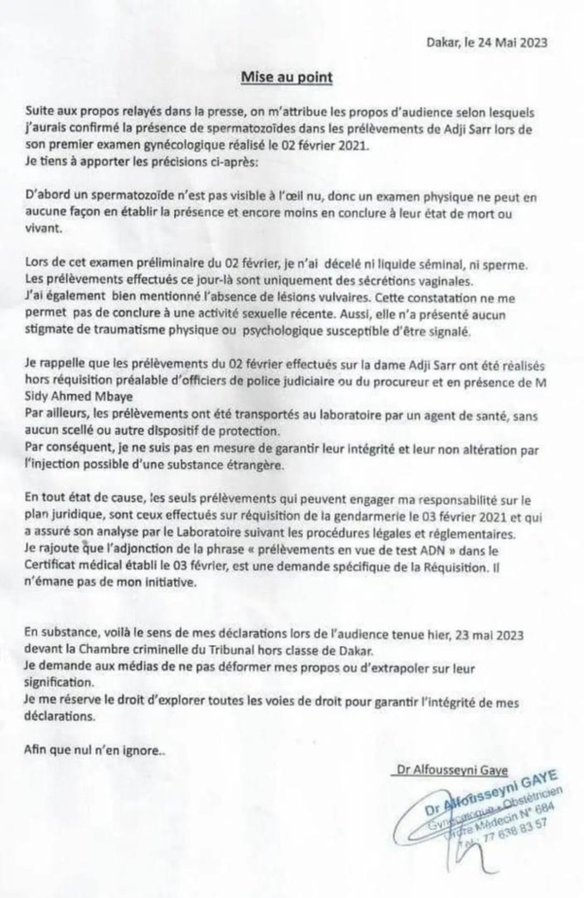 Présence de spermatozoïdes dans les prélèvements de Adji Sarr : démenti et éclairage du Gynecologue Alfotisseyni Gaye