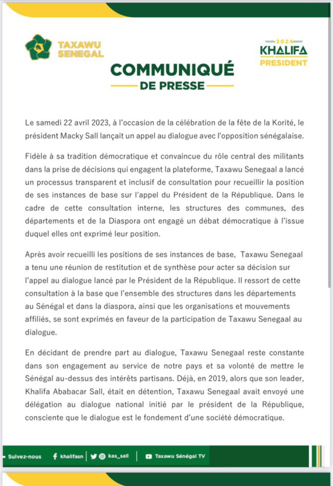 Dialogue national : Taxawu Sénégal de Khalifa Sall annonce sa participation Dialogue national : Taxawu Sénégal de Khalifa Sall annonce sa participation