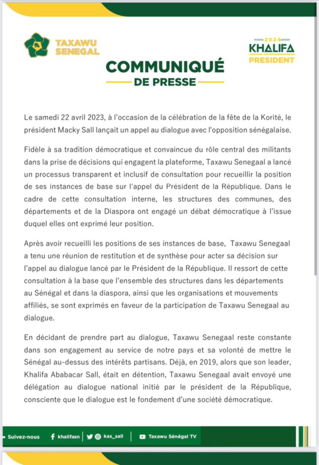 Dialogue national : Taxawu Sénégal de Khalifa Sall annonce sa participation