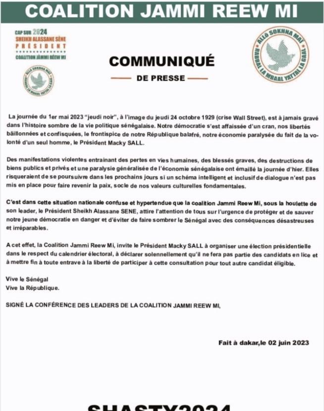 Communiqué COALITION JAMMI REEW MI de Sheikh ALASSANE SENE Communiqué COALITION JAMMI REEW MI de Sheikh ALASSANE SENE