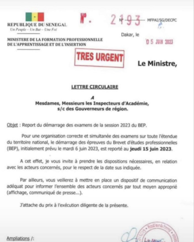 Report du démarrage des examens de la session 2023 du BEP (Document)
