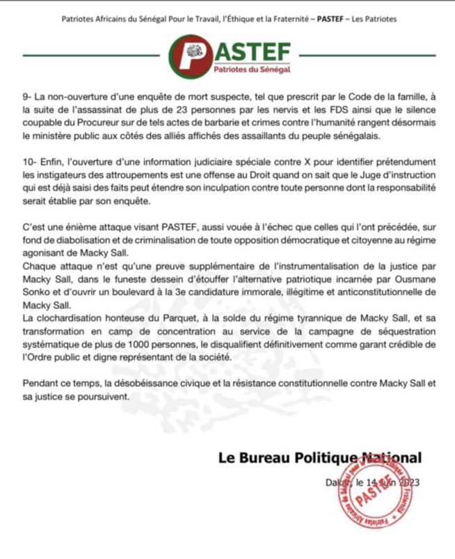 Ouverture d’une information judicaire spéciale contre X : Pastef, « Les Patriotes » dénonce une énième attaque contre le Parti, vouée à l’échec Ouverture d’une information judicaire spéciale contre X : Pastef, « Les Patriotes » dénonce une énième attaque contre le Parti, vouée à l’échec