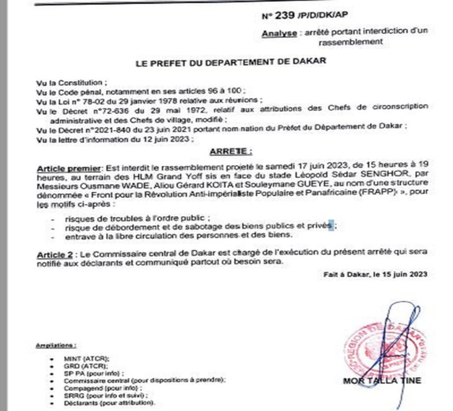 Rassemblement du Frapp prévu demain : Le préfet de Dakar dit non et explique pourquoi ! Rassemblement du Frapp prévu demain : Le préfet de Dakar dit non et explique pourquoi !