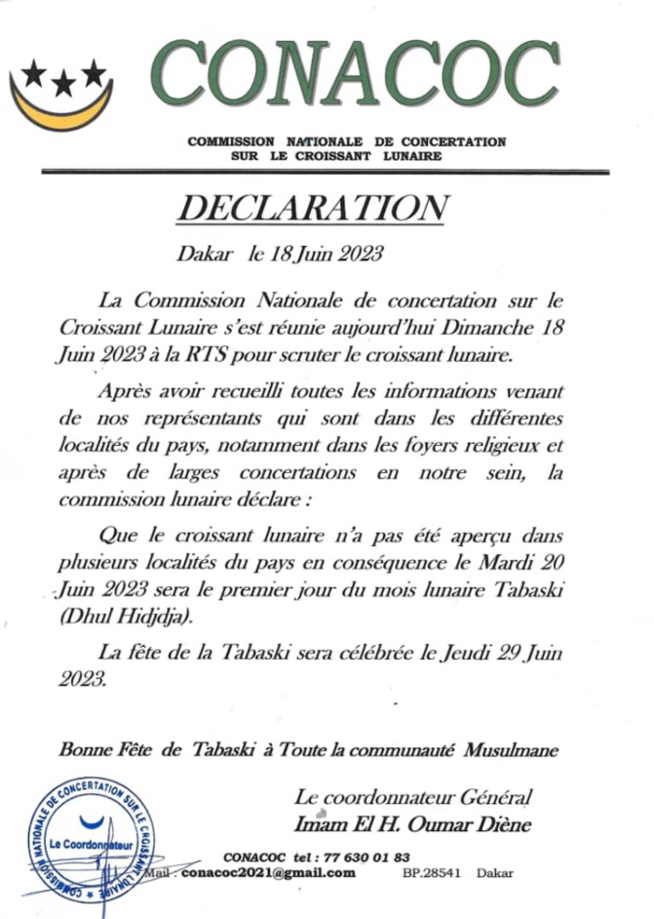 Tabaski 2023 : L’importante annonce de la CONACOC sur la date Tabaski 2023 : L’importante annonce de la CONACOC sur la date