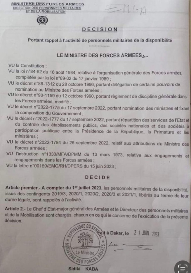 Des militaires libérés réappelés à l'activité (Document) Des militaires libérés réappelés à l'activité (Document)