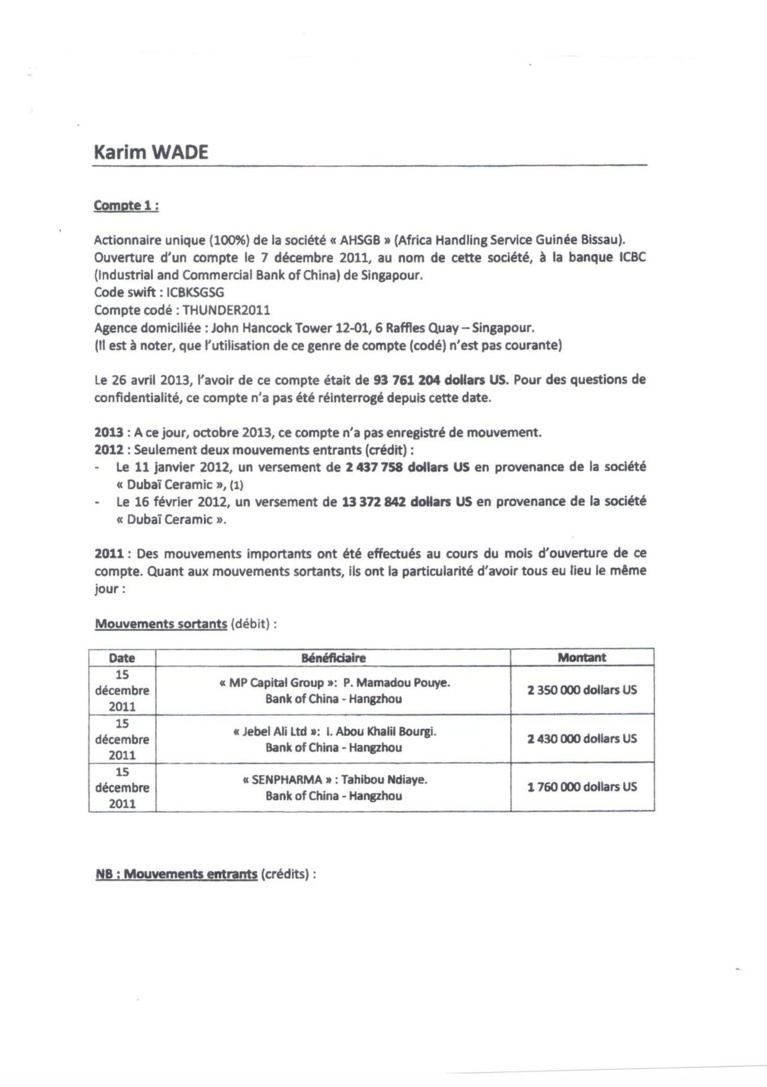 Voici le rapport de l'expert comptable Alboury Ndaw du cabinet RMA sur le fameux compte de Karim Wade de Singapour Voici le rapport de l'expert comptable Alboury Ndaw du cabinet RMA sur le fameux compte de Karim Wade de Singapour