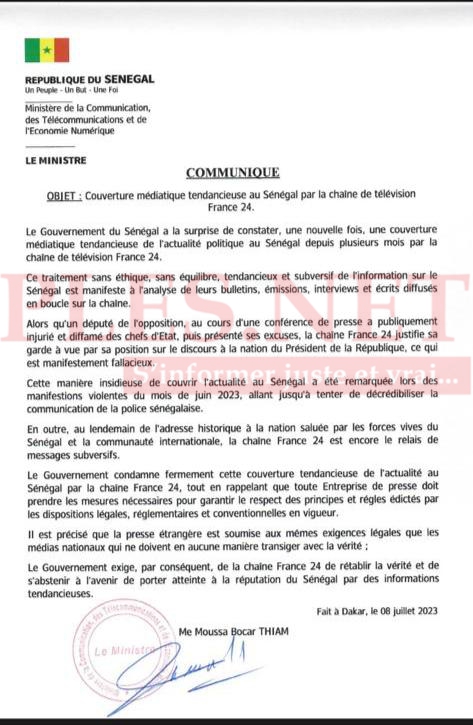 COMMUNIQUE: Couverture médiatique tendancieuse au Sénégal par la chaine de télévision France24 COMMUNIQUE: Couverture médiatique tendancieuse au Sénégal par la chaine de télévision France24