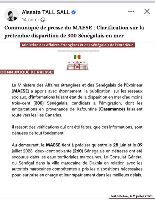 Migrants sénégalais disparus : Aïssata Tall Sall dénonce des "informations sans fondements" Migrants sénégalais disparus : Aïssata Tall Sall dénonce des "informations sans fondements"