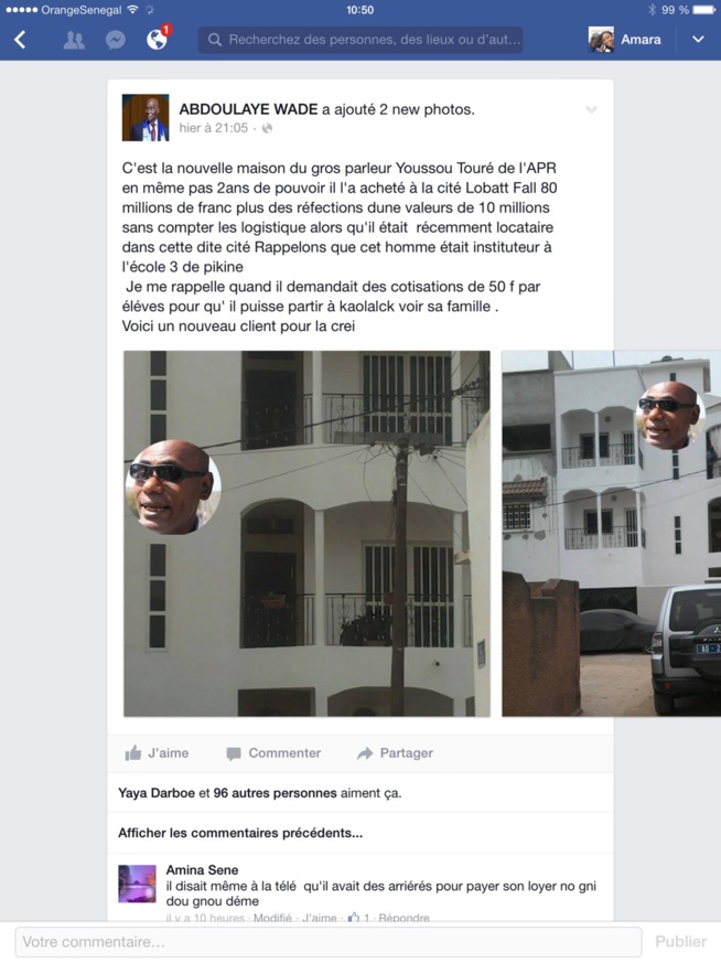 Me Abdoulaye Wade a publié sur sa page facebook: Comment le beau parleur de l'APR Youssou Touré a réussit à payer une maison à 80 millions en 2ans. Me Abdoulaye Wade a publié sur sa page facebook: Comment le beau parleur de l'APR Youssou Touré a réussit à payer une maison à 80 millions en 2ans.