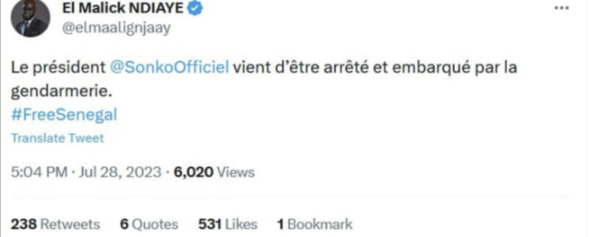 Ousmane Sonko arrêté et acheminé à la Section de Recherches de la Gendarmerie : Son post paru un peu plus tôt, qui renseigne… Ousmane Sonko arrêté et acheminé à la Section de Recherches de la Gendarmerie : Son post paru un peu plus tôt, qui renseigne…