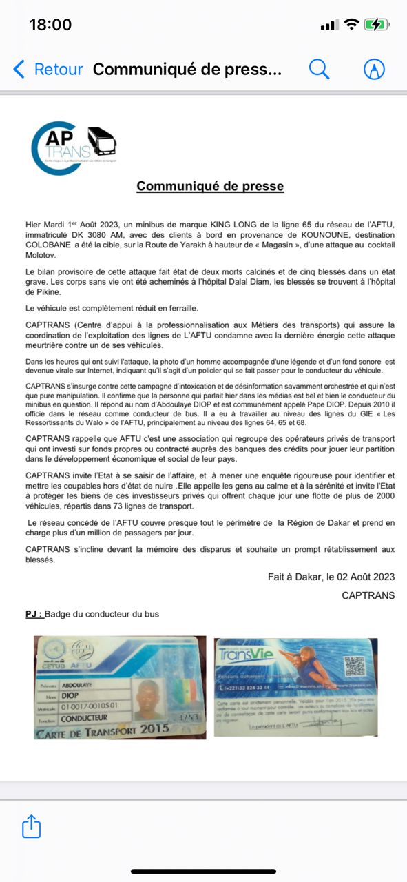 "Le chauffeur du bus attaqué, est un policier": CAPTRANS s’insurge contre "cette campagne d’intoxication" et de désinformation "Le chauffeur du bus attaqué, est un policier": CAPTRANS s’insurge contre "cette campagne d’intoxication" et de désinformation