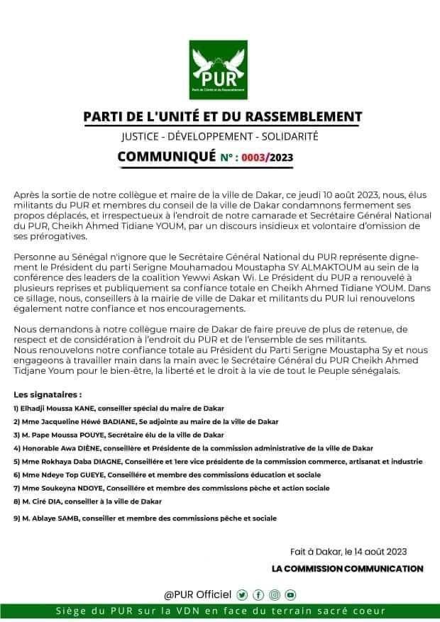 Les Conseillers du Pur condamnent les "propos déplacés et irrespectueux" de Barthélémy Dias envers Cheikh Ahmed Tidiane Youm Les Conseillers du Pur condamnent les "propos déplacés et irrespectueux" de Barthélémy Dias envers Cheikh Ahmed Tidiane Youm