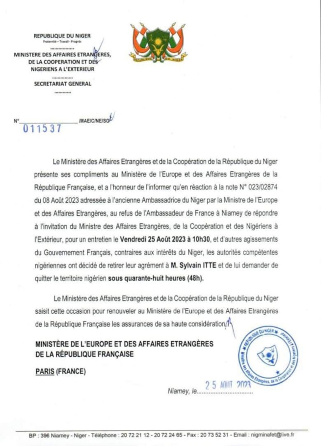Niger : La junte au pouvoir expulse l’ambassadeur de France déclaré Persona no grata (Officiel)