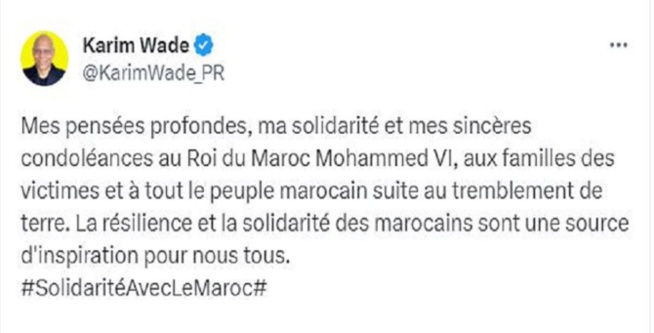 Tremblement de terre au Maroc : Karim Wade exprime sa solidarité et es sincères condoléances au Roi Mohammed VI Tremblement de terre au Maroc : Karim Wade exprime sa solidarité et es sincères condoléances au Roi Mohammed VI